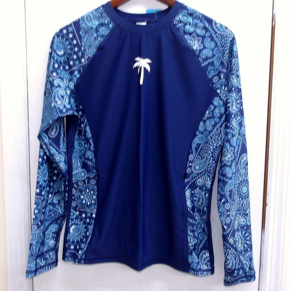 Halcurt Womens Navy‎ Blue Paisley Rash Guard Set Long Sleeve Shirt Top L/#26531